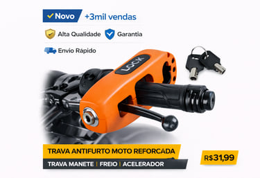 Trava antifurto reforçada laranja para manete de freio e acelerador de moto com chaves.