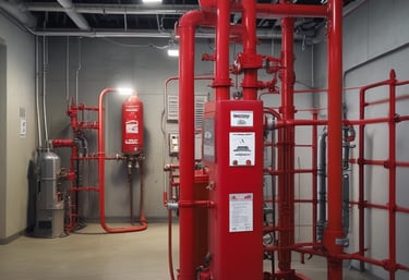 Technician inspecting fire protection systems in an industrial facility.