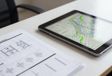 A detailed close-up of a professional engineering report and a digital tablet displaying mapping data in a clean, modern International / Professional office setting, lit with soft natural light.