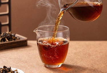 Professional culinary shot of deep amber-colored black tea being poured into a transparent glass cup. Steam is visible. The scene is set in an East Asian &amp;amp;amp;amp;amp;#x2F; Chinese professional environment with terracotta-colored accents.