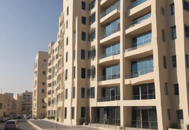 A modern apartment building with balconies and greenery around