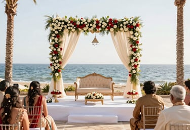Romantic beachside wedding venue in Costa del Sol with floral decorations and sunset view.