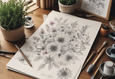 A serene gathering of diverse artists sketching delicate flowers in a sunlit garden.