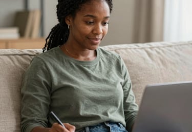 A warm scene of a caregiver gently assisting an older adult with a smile in a cozy living room.