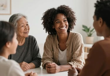 A diverse family sharing a joyful moment together in a sunlit kitchen.