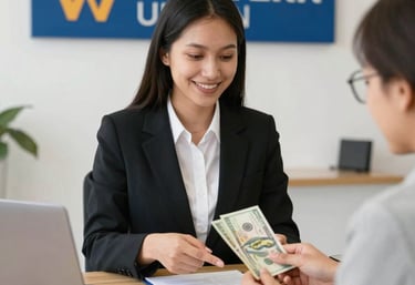 Client satisfait entrain de faire un retrait de son argent werstern union