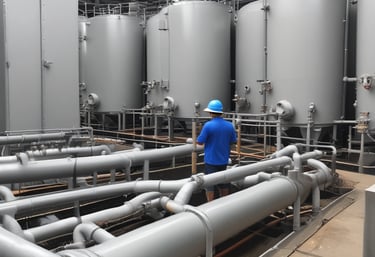 Engineer reviewing detailed process flow diagrams for a wastewater treatment plant.