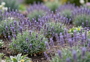 Detailed shot of a flourishing perennial flower bed with shades of soft lavender and green foliage, designed for long-term beauty and health in a professional landscape setting.