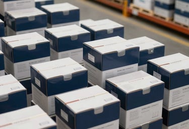 An organized warehouse in India filled with pharmaceutical crates, emphasizing efficiency and logistics, with a palette of Navy Blue and Pale Gray.