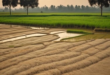 Workers inspecting rice quality in a clean, well-lit milling facility.