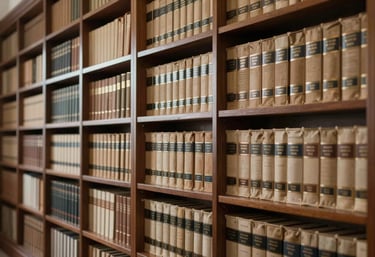 An organized wall of legal volumes in a private library in a South Asian law firm, suggesting deep research and authority.