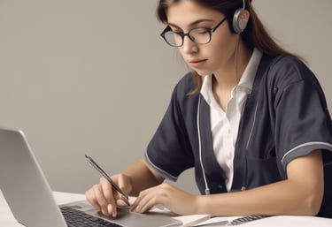 A diverse group of students studying together online with laptops and notebooks.