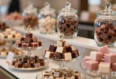 Close-up of a high-end candy bar display with glass jars, elegant tiered stands, and a variety of artisanal sweets. Professional lighting, shallow depth of field, hints of #A7727D rose.