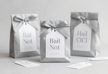 A collection of personalized party favors and gifts for a baptism or wedding, beautifully packaged with custom typography and tags. Neutral grey #7F7176 and #F8F8F8 tones.