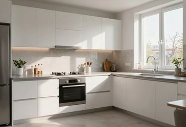 A modern, immaculately clean kitchen interior in a Hamburg apartment, signifying a pest-free and healthy living environment, bright morning light.
