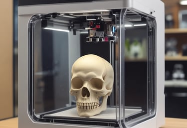 A modern white 3D printer creating a detailed gargoyle creature model on a wooden desk.