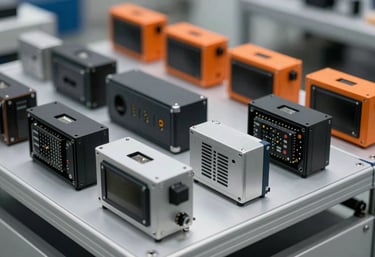 Rows of finished electronic enclosures and devices on a silver testing rack, professional industrial product shot, orange accents.