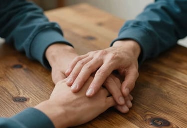 Close-up of two people's hands gently touching on a rustic wooden table in a North American dining room. Warm, soft focus photography emphasizing connection and support. Colors: deep teal, white, and wood tones.