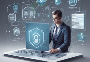 A professional technician configuring a network firewall device in a modern office.