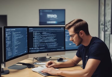 Portrait of a young Swedish web developer working on a laptop in a cozy home office.