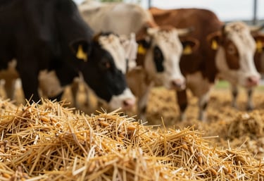 Golden silage and high-quality grain nutrition for cattle, shot in natural light to show texture and quality, symbolizing premium care.