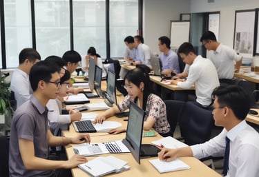 Diverse team of professionals working at desks in a bright, modern open-plan office space.