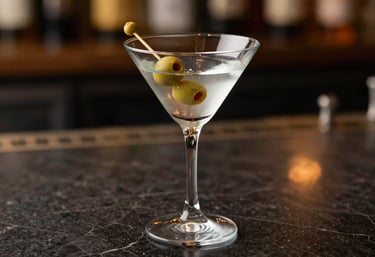 A classic Martini glass with a green olive on a toothpick, sitting on a dark marble surface with soft, golden South American interior lighting.
