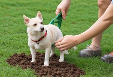 A clean yard with a pet owner happily playing with their dog.