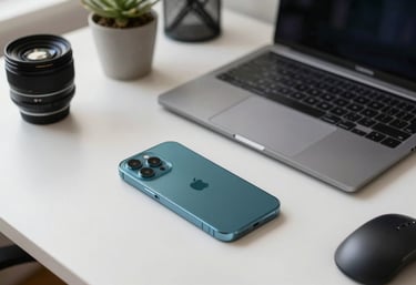 Photography of a sleek, minimalist home office setup with a focus on mobile development tools and smartphones, International / Global, teal accents.