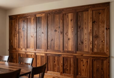 A high-resolution photo showing the installation of intricate wooden wall paneling in a dining room, featuring a beige and deep brown palette, North American / Pacific Northwest US.