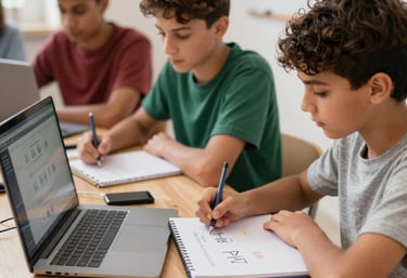 A volunteer patiently tutoring a young orphan in a bright, cozy room.