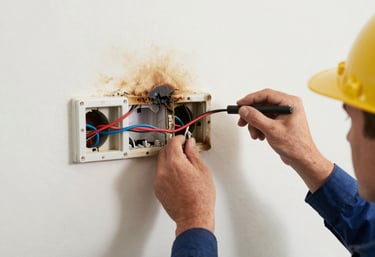 Hands of an electrician repairing an electrical panel with tools and safety gloves.