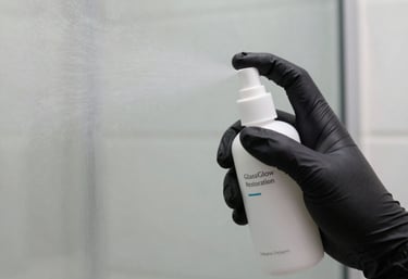 Mobile technician applying nano coating to a shower screen in a modern Perth bathroom, showcasing the transformation process.