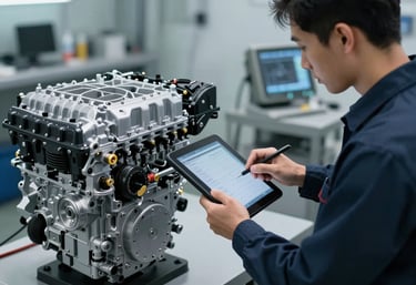 Mecânico utilizando um tablet para diagnóstico computadorizado em um motor de popa, em uma oficina limpa e bem iluminada com luz fria.
