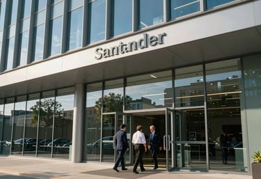 The modern exterior of a professional center in Santander, large glass windows reflecting the blue sky, professionals entering the building, bright daylight.