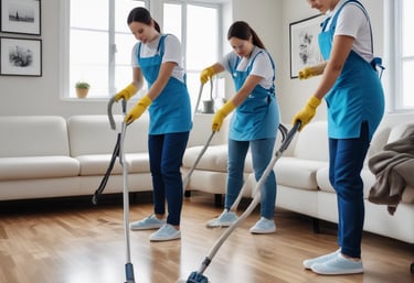 A professional cleaner dusting a modern living room filled with natural light.