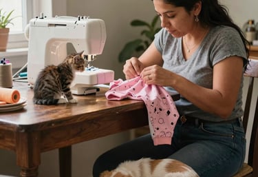 Mujer cosiendo en casa ropa para mascotas, así inició Patitas Coquetas