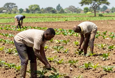 African farmers collaborating in a rural field, planning a sustainable agriculture project.