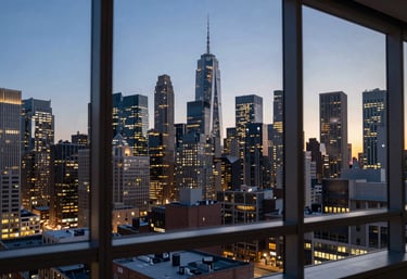 A perspective shot of a modern city skyline at dusk with lights beginning to twinkle, seen through a high-rise office window in a North American business district.
