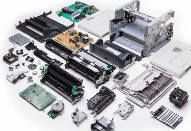 Disassembled printer parts including circuit boards, fuser, gears, and metal frame for repair.