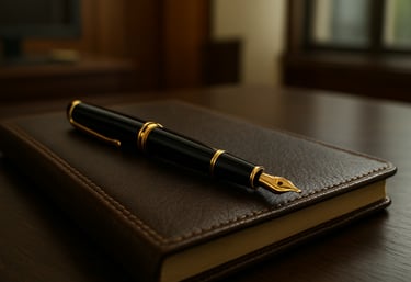 Close-up photography of a high-end fountain pen and a leather-bound financial journal on a dark wooden desk in an Indian office.