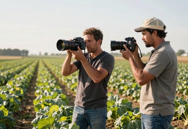 An agency photographer and a local farmer collaborating on a photo shoot at a sunny North American / US farm, with rows of crops in the soft-focus background.