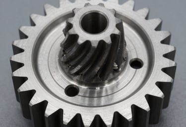 Close-up of a finely machined spur gear reflecting light in a clean workshop.