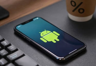 A close-up photograph of a professional developer's desk with an Android smartphone, a coffee cup, and a mechanical keyboard. High-quality photography, international tech style.