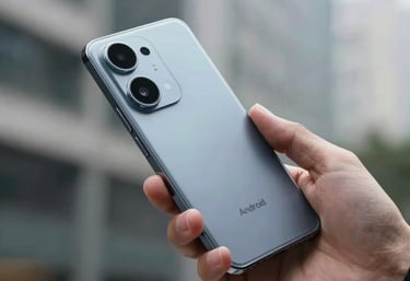 A close-up of a person's hand interacting with a sleek Android phone in a modern urban environment. International tech-focused lifestyle photography.