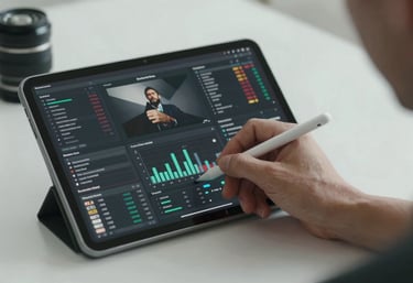 A professional hand using a stylus on a sleek tablet displaying complex data visualizations and audience metrics in a mist white room.