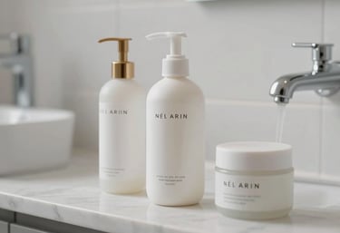 A bright, clean British bathroom featuring minimalist hygiene products on a marble shelf, soft focus and elegant composition.