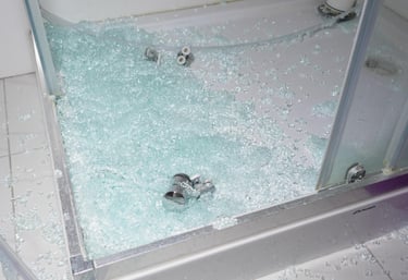 Shattered shower glass on a shower base showing need for urgent shower glass replacement in Auckland