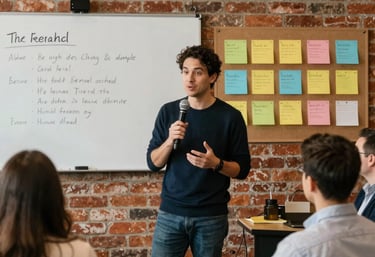 A leader confidently addressing a group in a bright, professional meeting room.