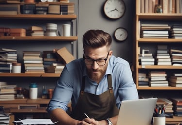A professional accountant working on financial documents with a laptop and calculator on a clean white desk.